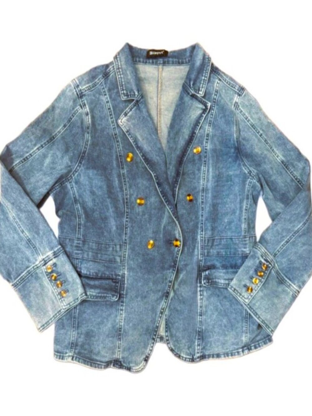 ALEGRA K Double Breasted Notched Lapel Structured Light Blue Denim Jacket Sz XL - Picture 2 of 7